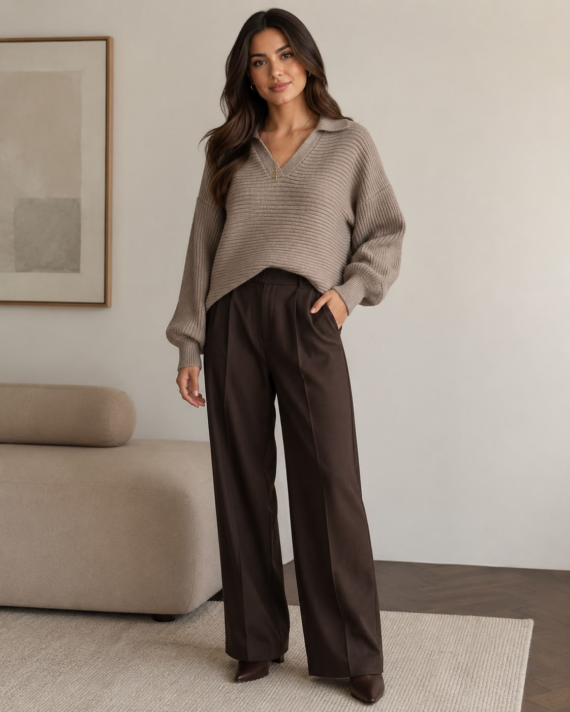 Sweater Amalia Acanalado con Cuello en V – Crema, Taupe y Chocolate