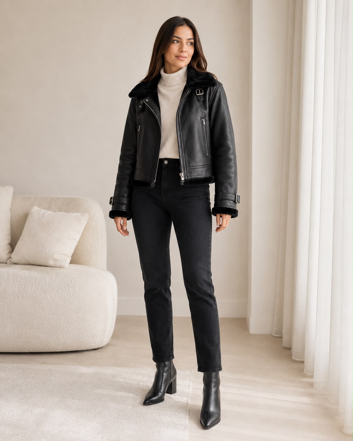 Chaqueta Aviadora Ébano con Interior Teddy – Negro